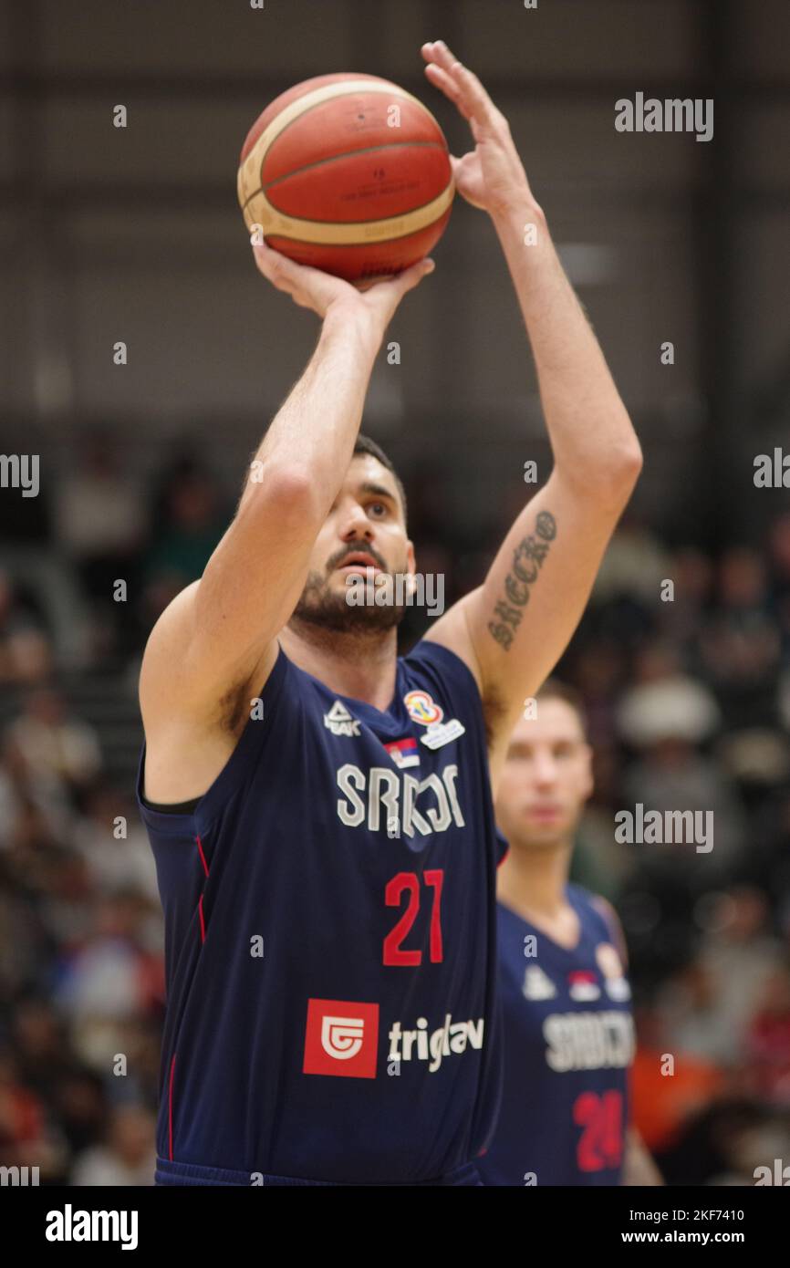 Newcastle upon Tyne, England, 11 November 2022. Marko Jagodic-Kuridza playing for Serbia against Great Britain in the FIBA Basketball World Cup 2023 Qualifiers at the Vertu Motors Arena. Credit: Colin Edwards Stock Photo
