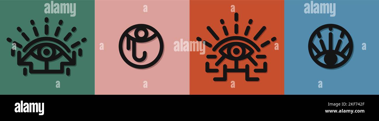 Collection of ethnic eyes outline icon vector. Set of illustration in minimal geometric line style. Open eye symbol concept of security company, super Stock Vector