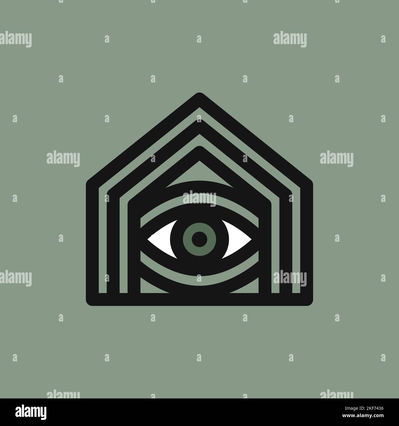 Outline eye and house icon vector. Illustration in minimal geometric line style. Open eyes symbol concept of security company, supervision, searching Stock Vector