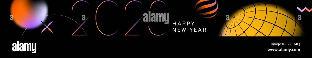 Happy New Year 2023 greeting card illustration of modern colorful gradient bauble decoration and soft light blur geometric icons. Holiday celebration Stock Vector