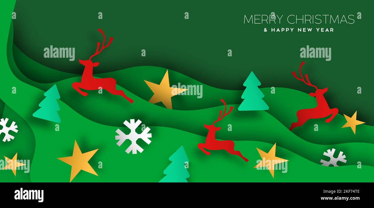 Merry Christmas Happy New Year paper cut web banner illustration. 3D ...