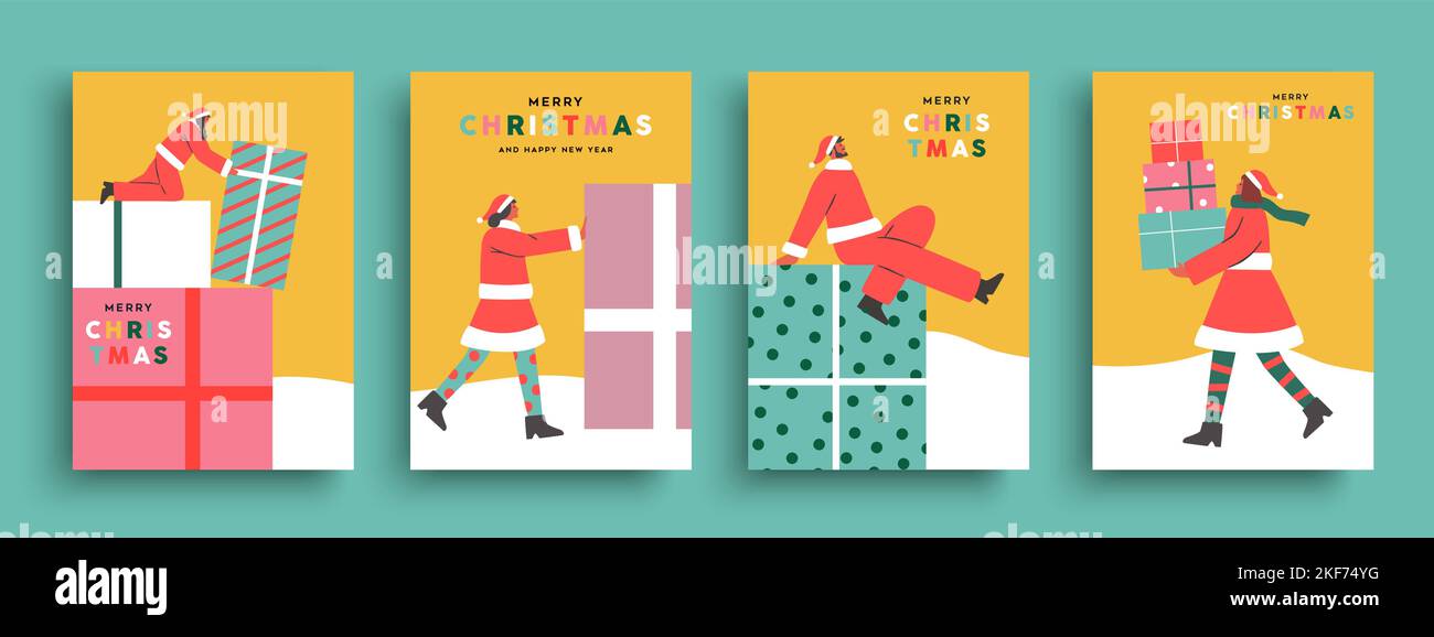 Merry Christmas greeting card set illustration of diverse people in santa claus costume with big xmas gift box. Holiday season scene collection, santa Stock Vector