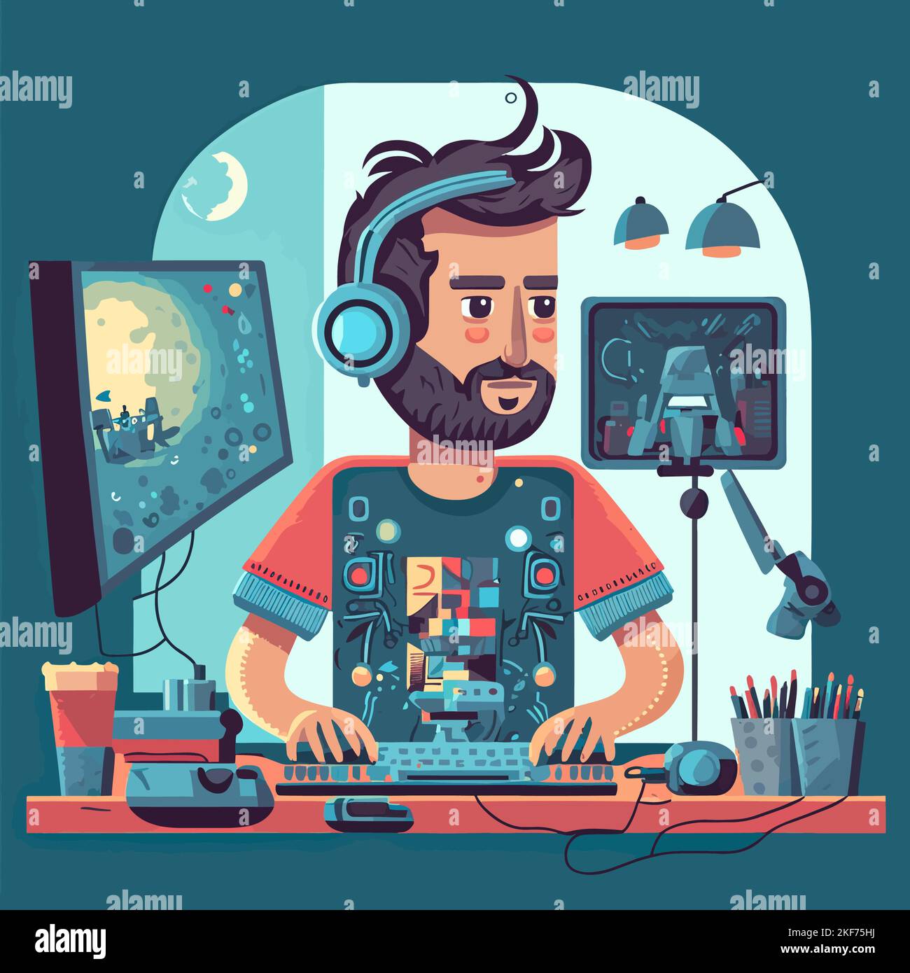 A vector illustration of an indie game developer at his desk Stock Vector Image & Art Alamy