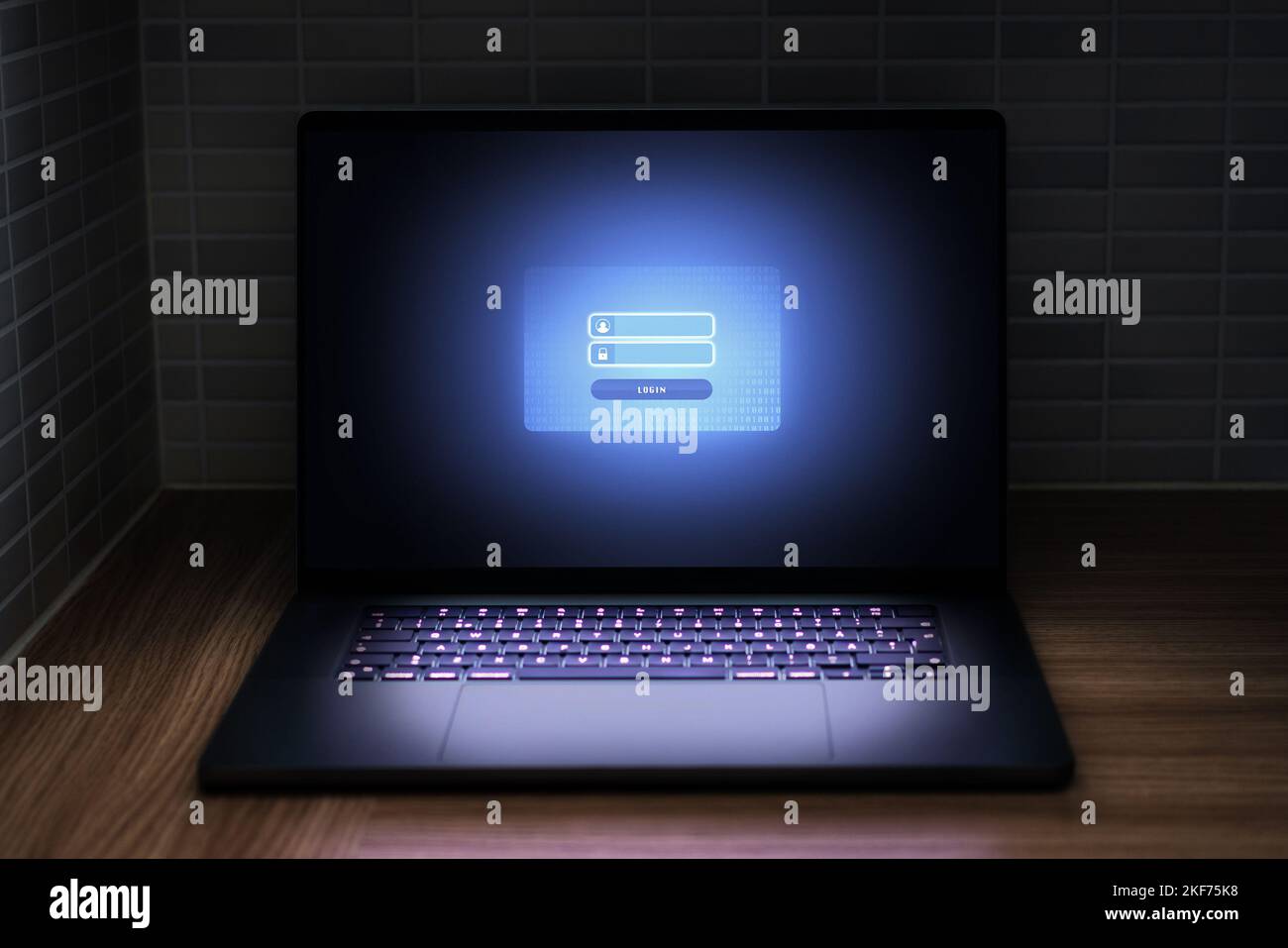 Password to personal data security and cyber protection in laptop. Login lock screen in computer in dark. Confidential information encrypted. Stock Photo