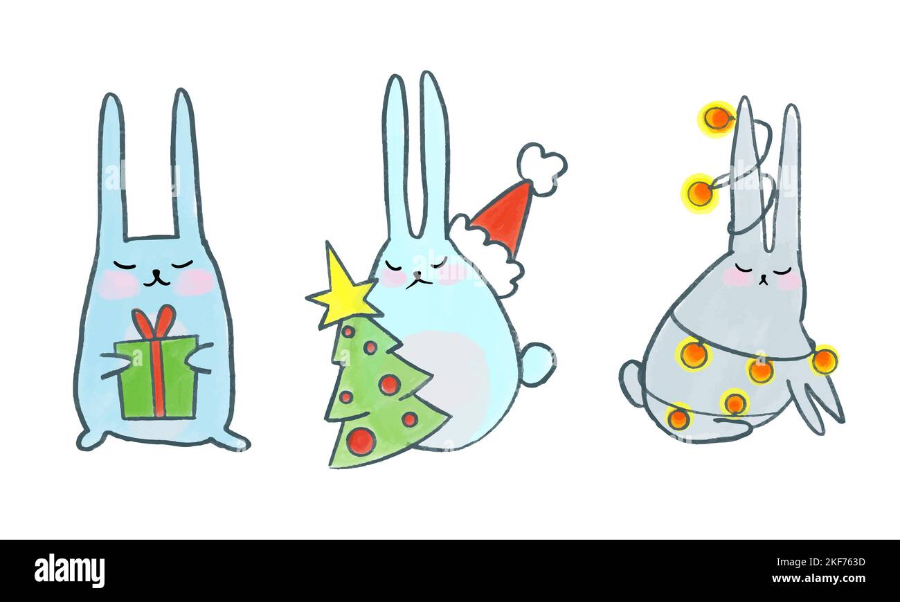 Vector Cute Christmas bunnies. Bunny with Christmas tree gift and