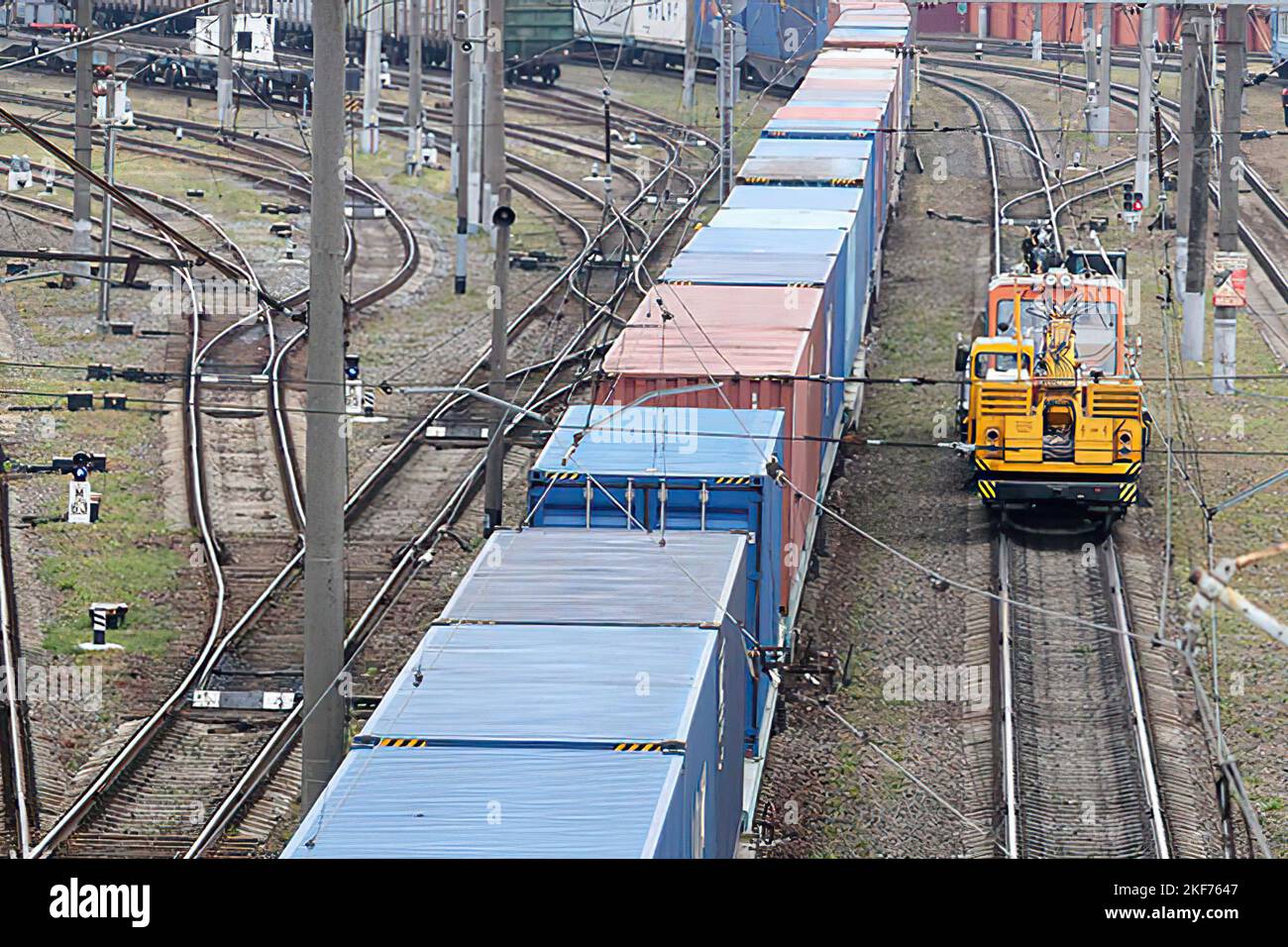 Freight train with many wagons, top view Stock Photo Alamy