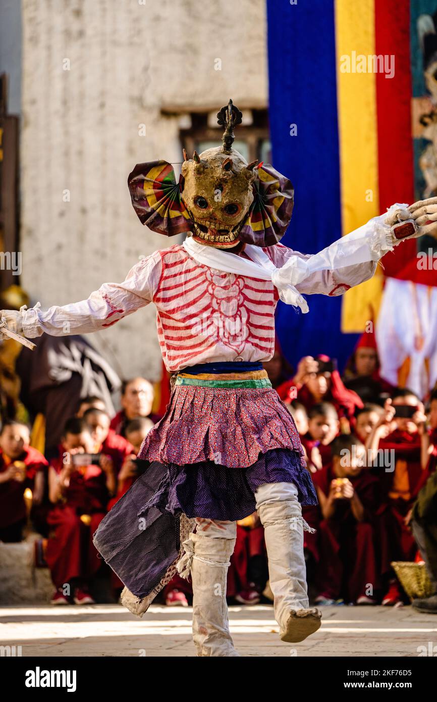 A Tibetan Buddhist in traditional demon ghost clothing in Ritual Dance ...