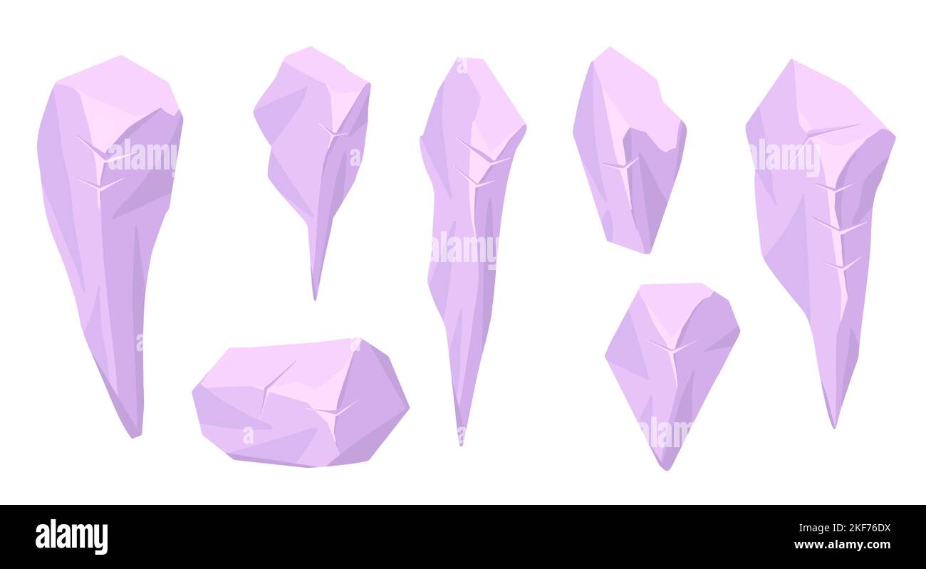 Collection of Pink violet crystals. Vector 2d illustration of stones. Magic decorations for games. Stock Vector