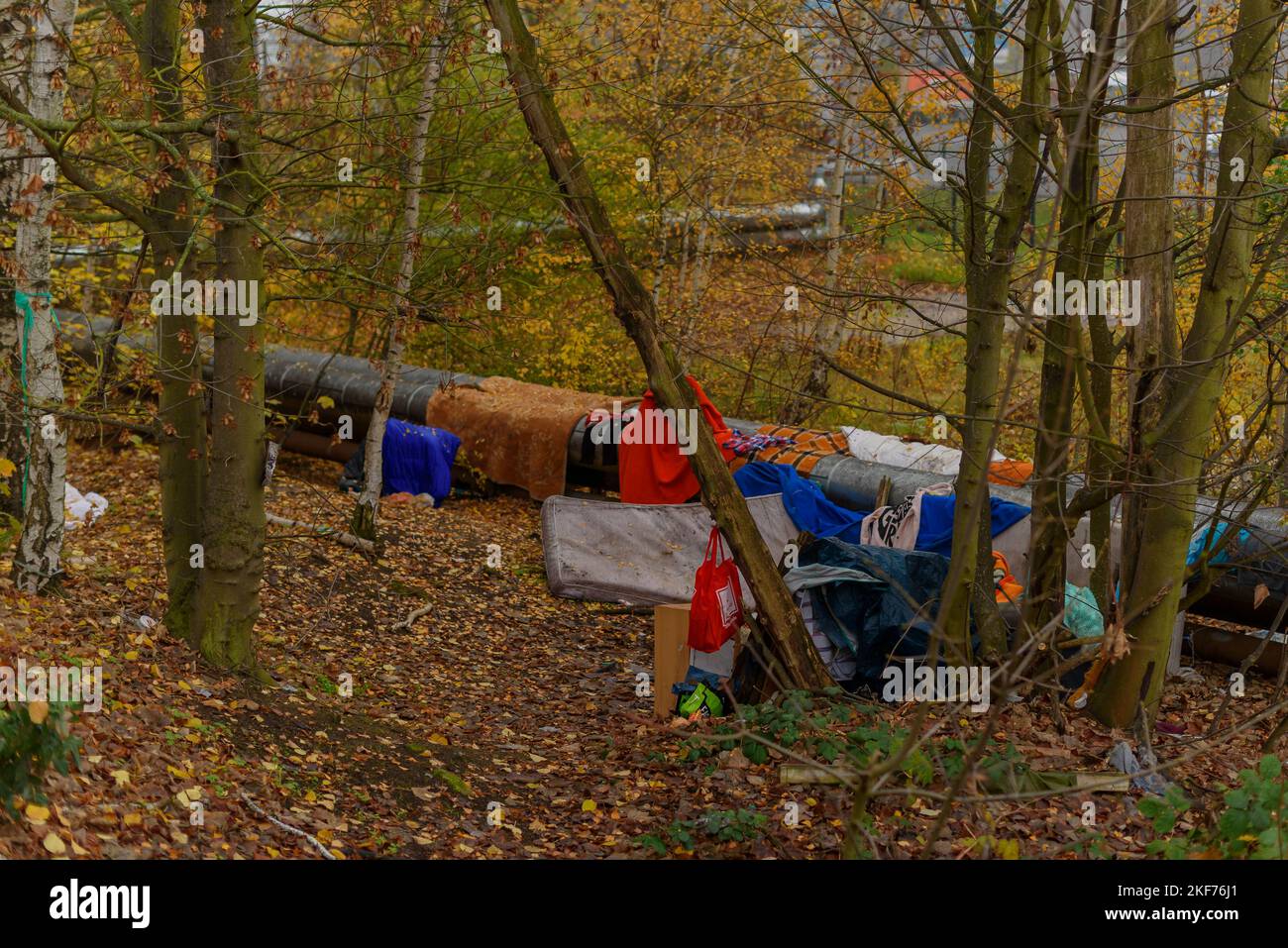 A small homeless camp on a district heating line Stock Photo