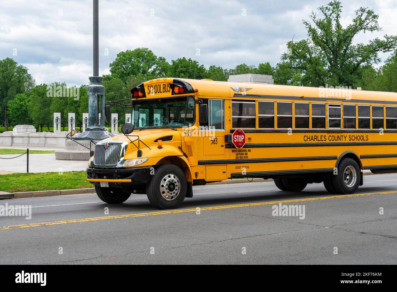 Yellow American style School Bus on a road in Washington, D.C Stock