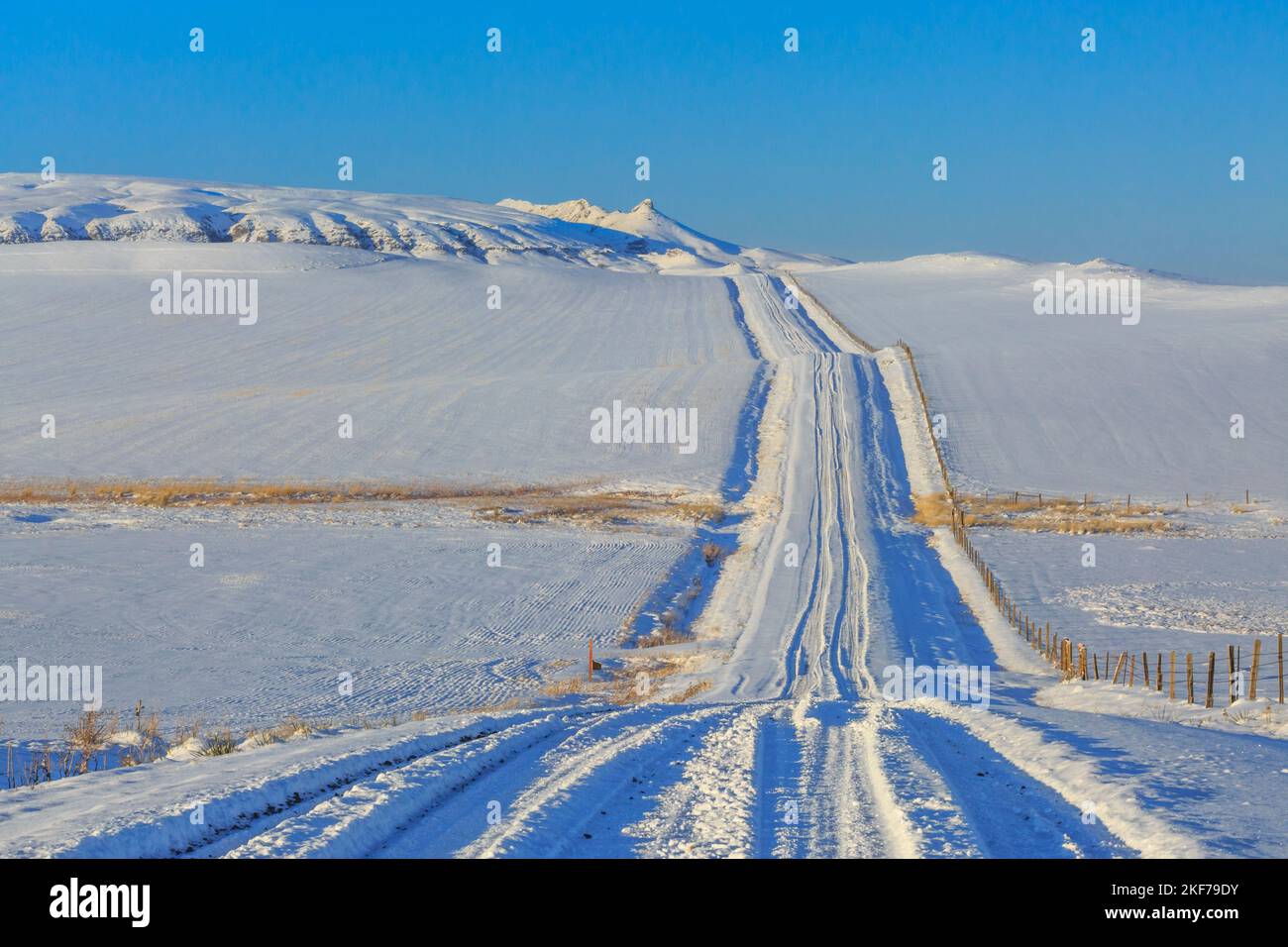 winter snow and backroad below shaw butte near simms, montana Stock