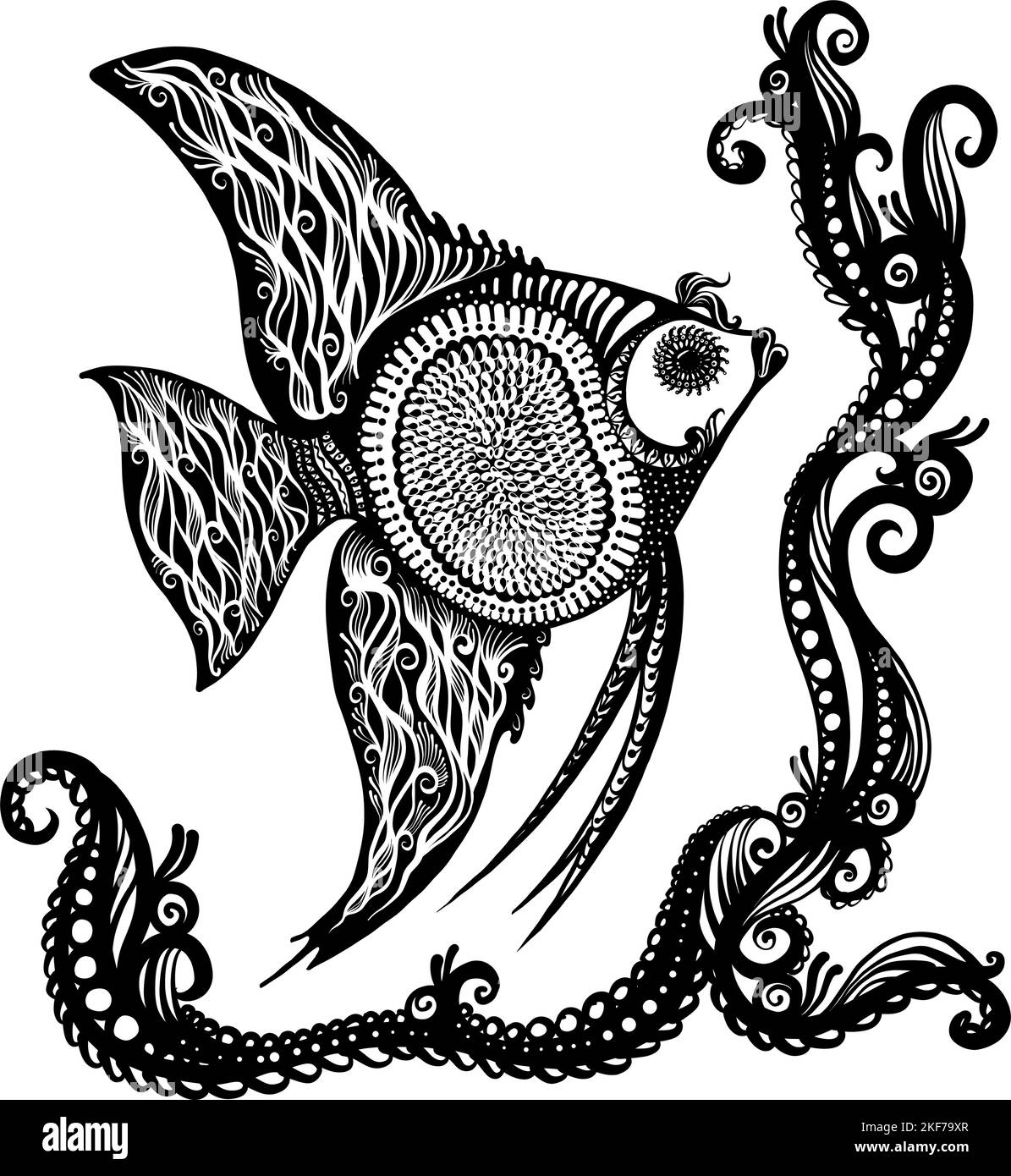 Doodle Fantasy Hand Drawn Fish. Adult Anti Stress Coloring Page. Sketch ...