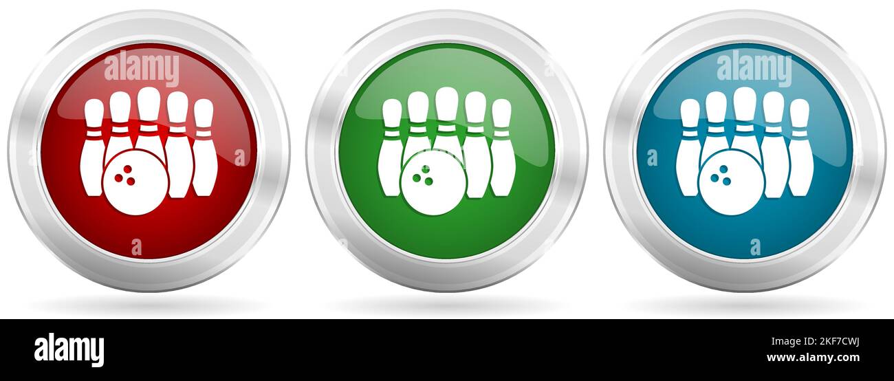 Bowling vector icon set. Red, blue and green silver metallic web ...