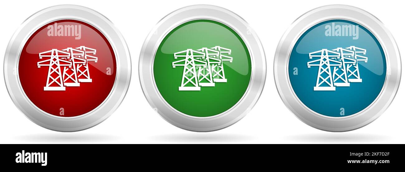 Power line, energy towers vector icon set. Red, blue and green silver metallic web buttons with chrome border Stock Vector
