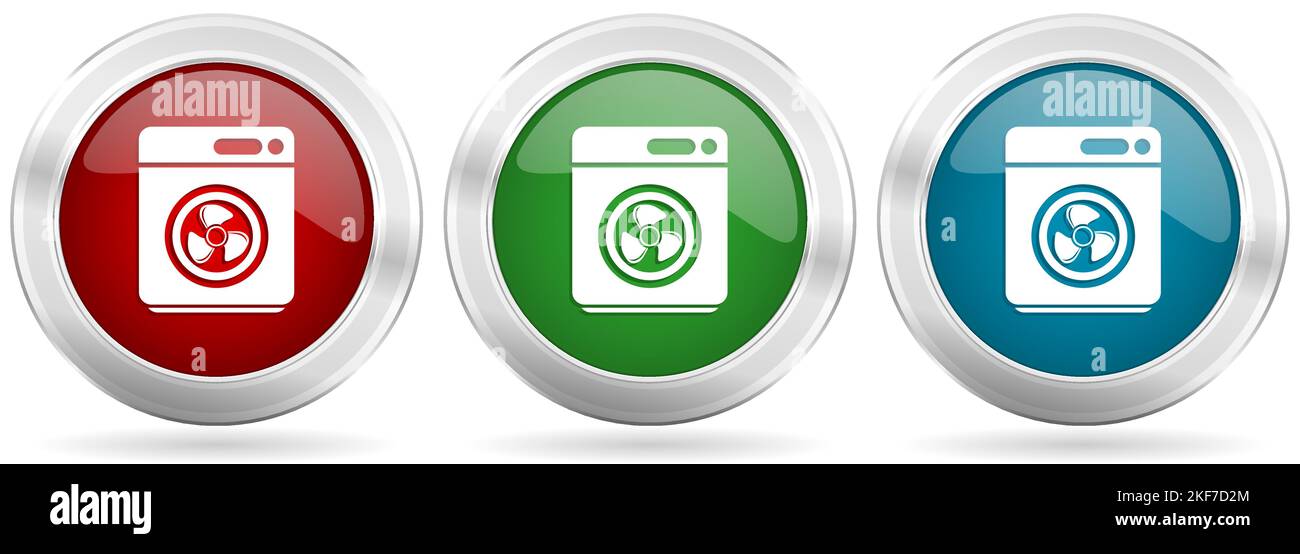 Dryer machine, laundry vector icon set. Red, blue and green silver ...