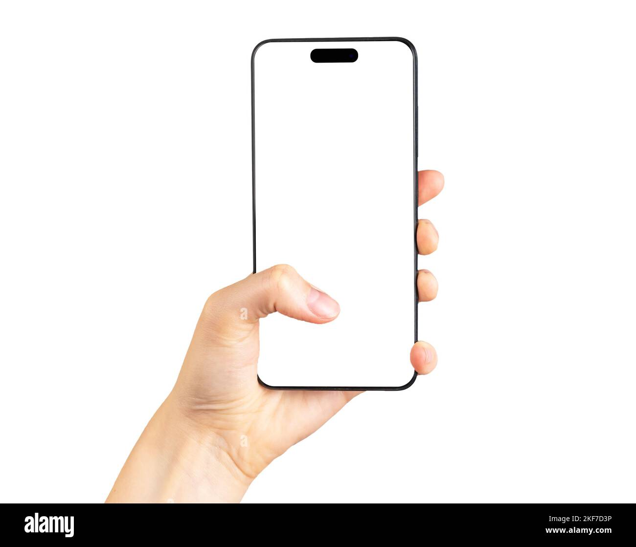 MINSK, BELARUS - NOVEMBER 14 2022 Iphone screen mockup with thumb tapping, clicking on blank smartphone display of iphon 14 pro isolated on white back Stock Photo