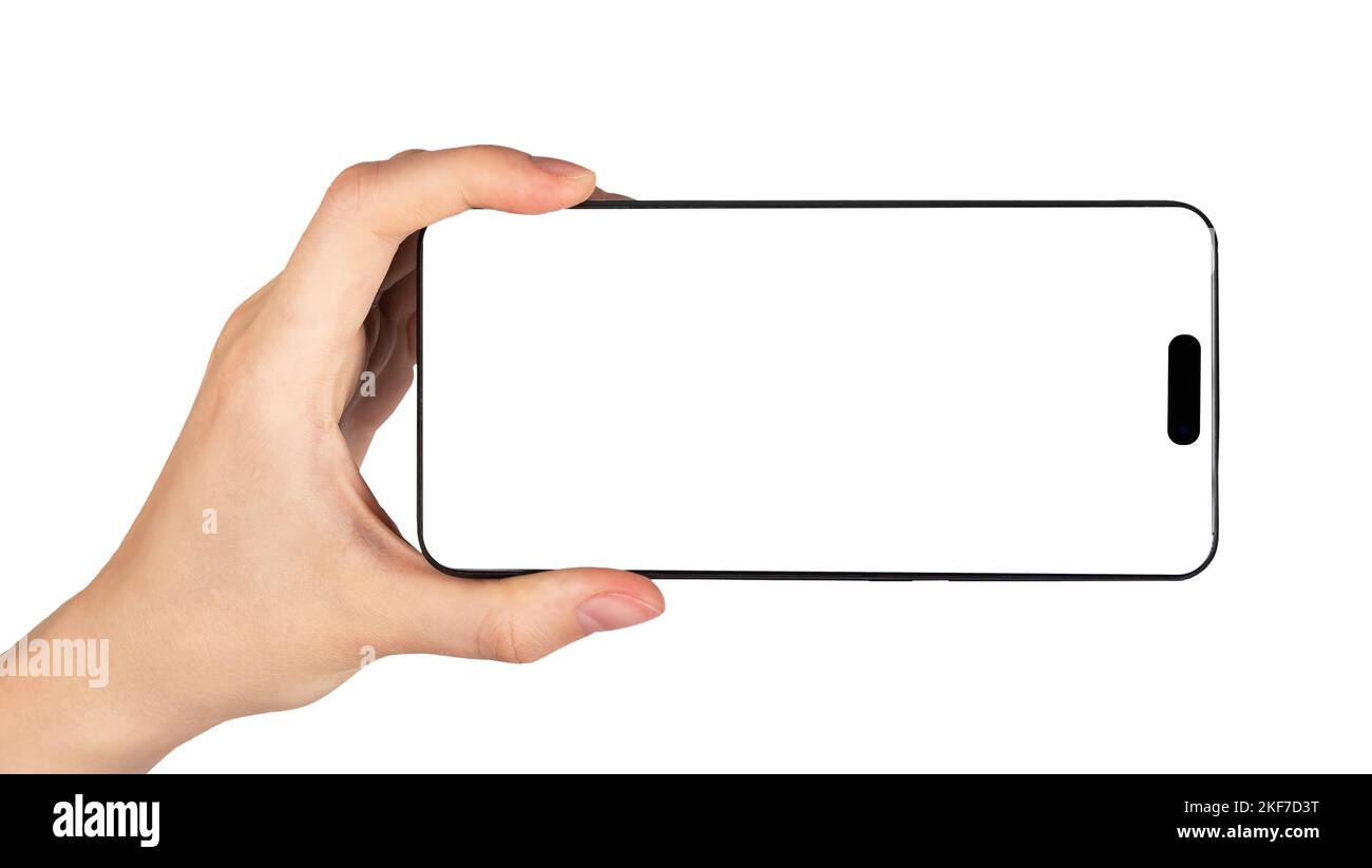MINSK, BELARUS - NOVEMBER 14 2022 Iphone 14 pro screen mock up in horizontal orientation, smartphone display of new mobile smart phone isolated on whi Stock Photo