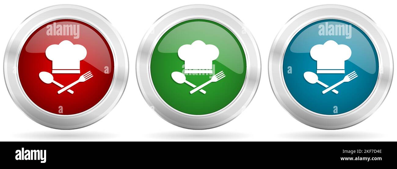 Chef hat, restaurant menu concept vector icon set. Red, blue and green