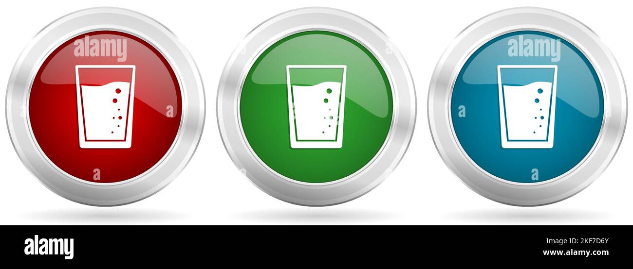 Glass of water vector icon set. Red, blue and green silver metallic web buttons with chrome border Stock Vector