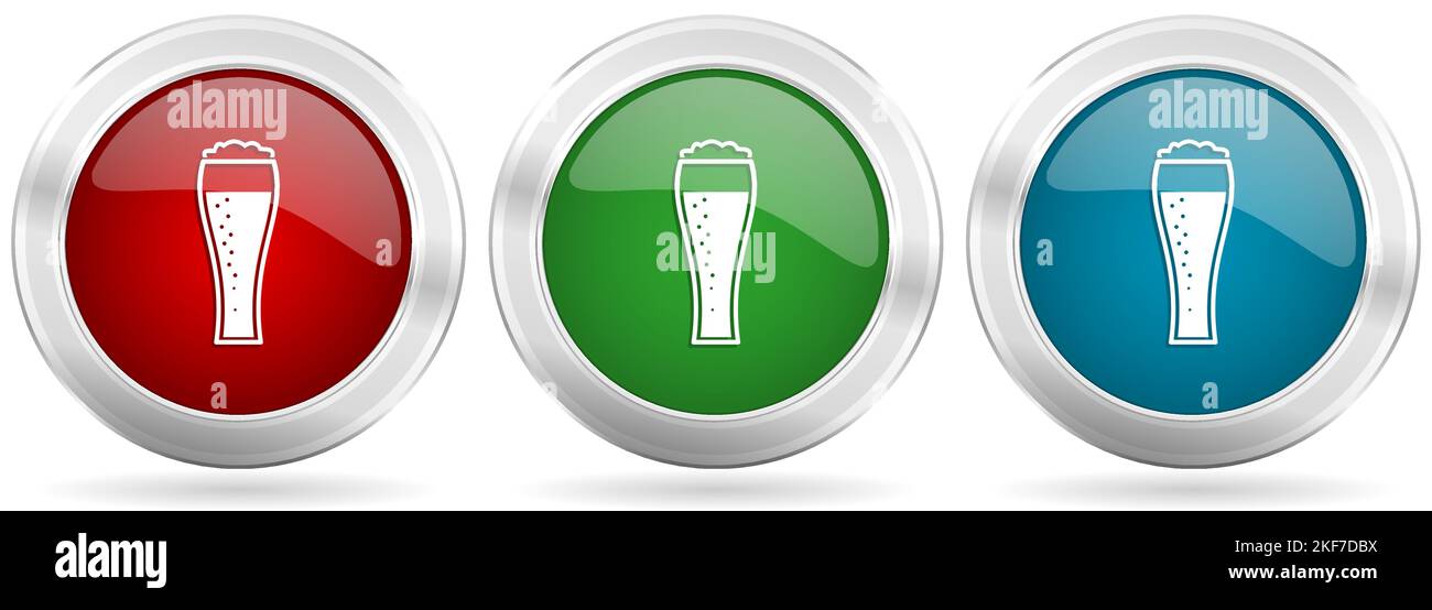 Beer in glass, lager, drink vector icon set. Red, blue and green silver ...