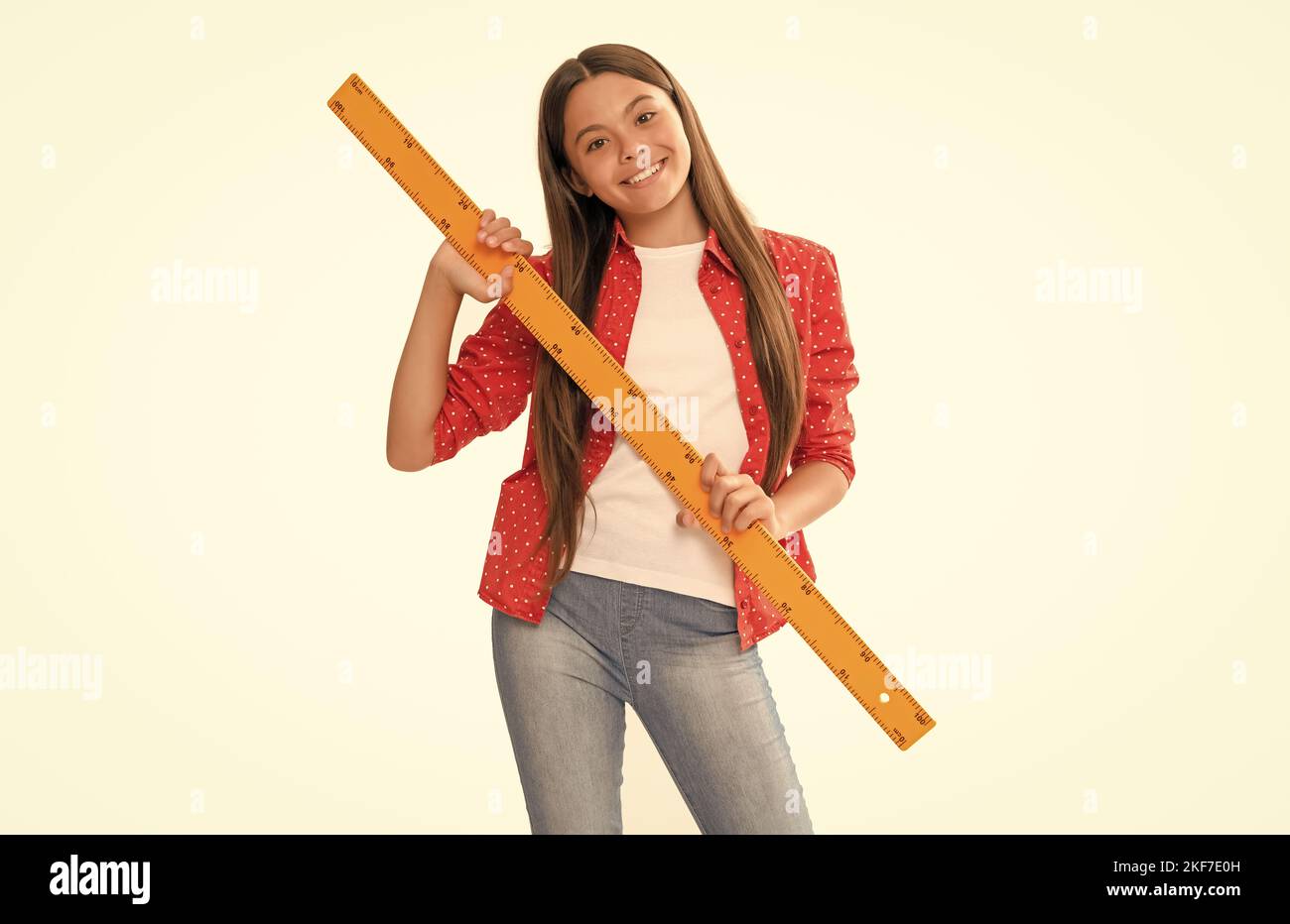 happy kid hold ruler study trigonometry at school isolated on white ...