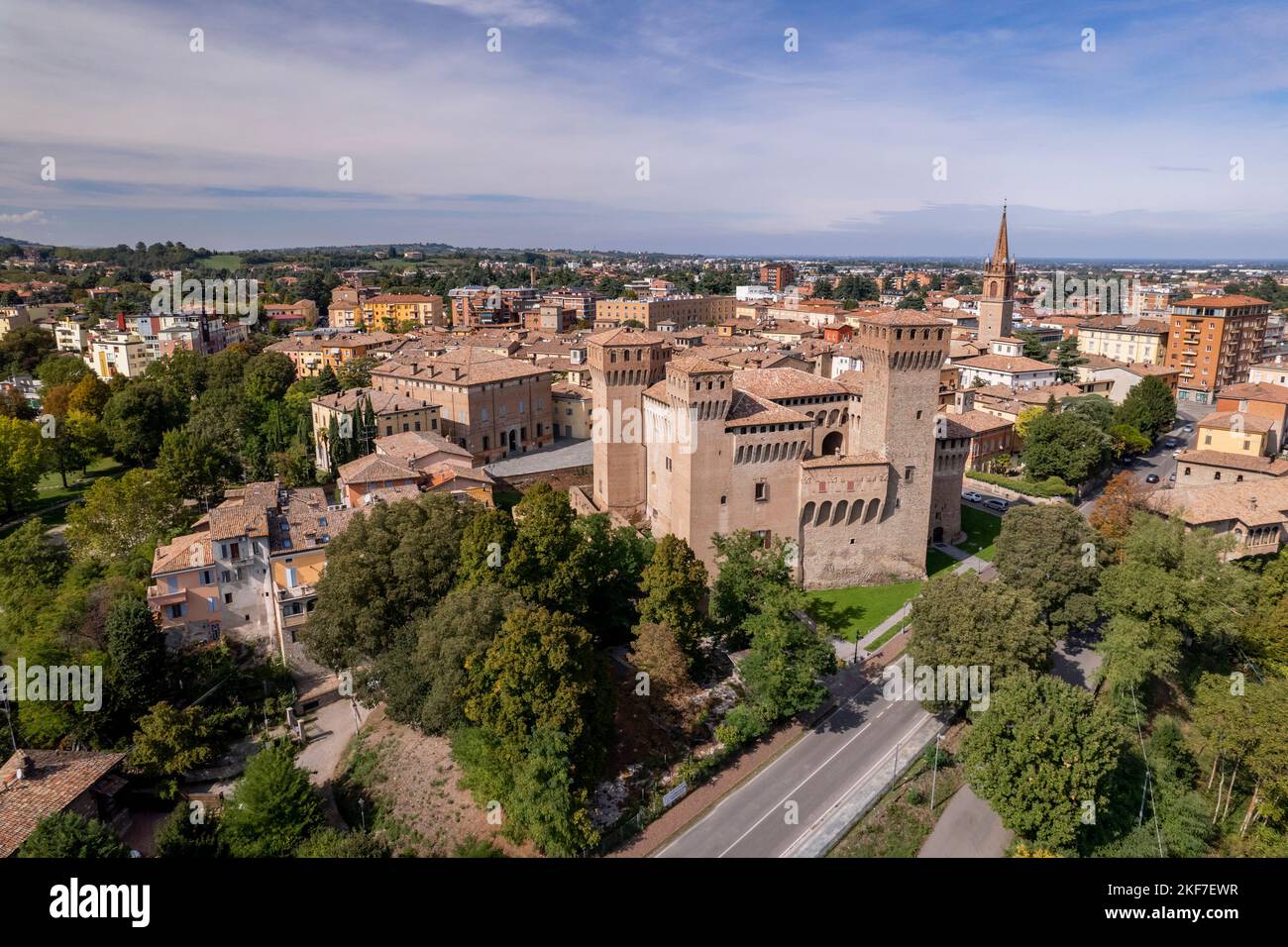 Lateral view of Castle of Vignola in Emilia Romagna region in Italy on a sunny day with blue sky and green surroundings Stock Photo