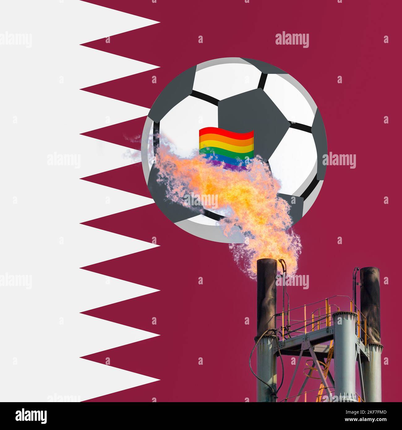 Refinery gas flare, football and rainbow flag on flag of Qatar background. World Cup, gay rights, FIFA, sports washing, Stock Photo