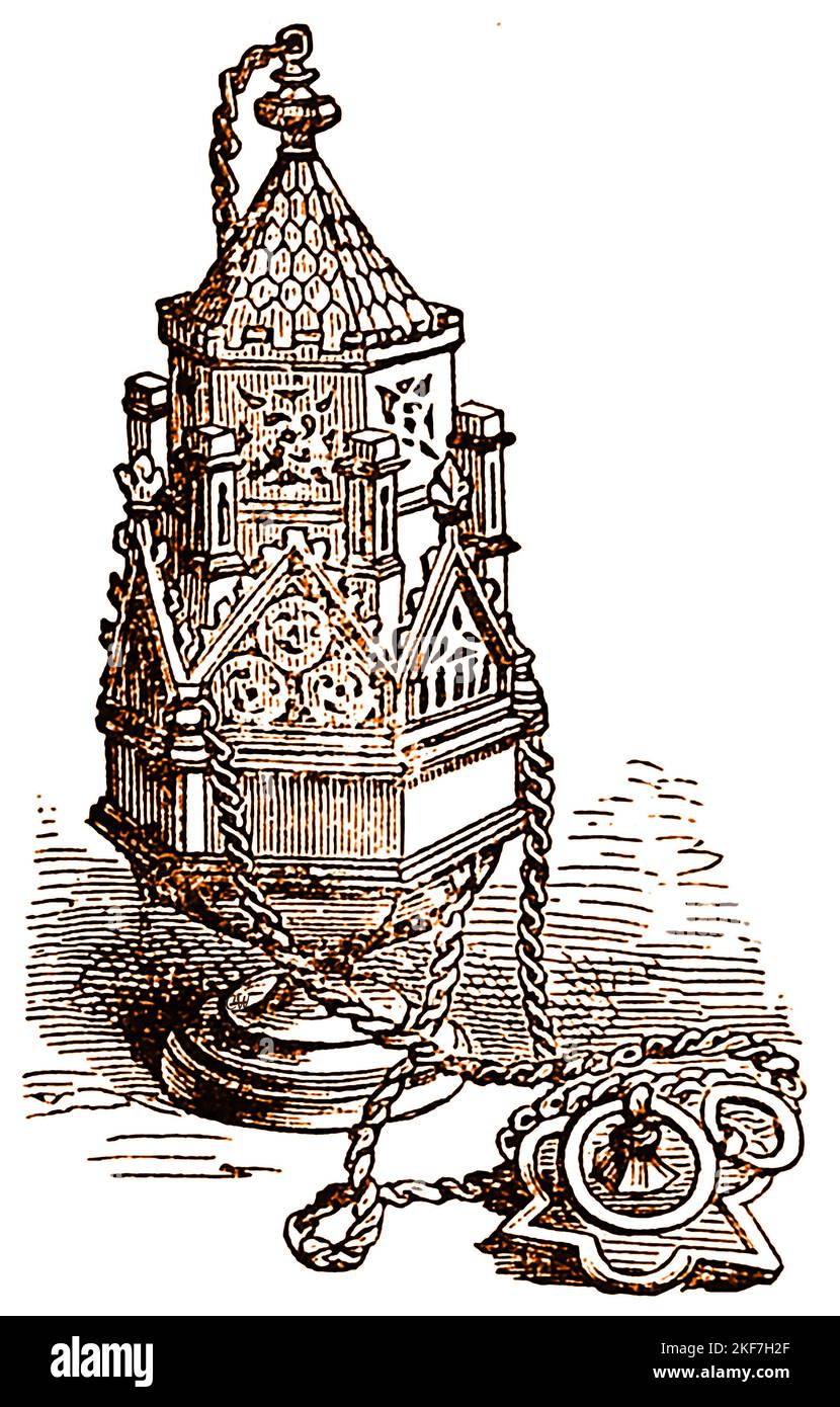 A 19th century Thurible used in various churches consisting of a metal censer suspended from chains, in which incense is burned during worship services. The Thurible is often swung from side to side and was allegedly use to stop the smells emanating from unwashed parishioners, though others claim it was an attempt to kill germs and stop diseases spreading  in a community.. Stock Photo