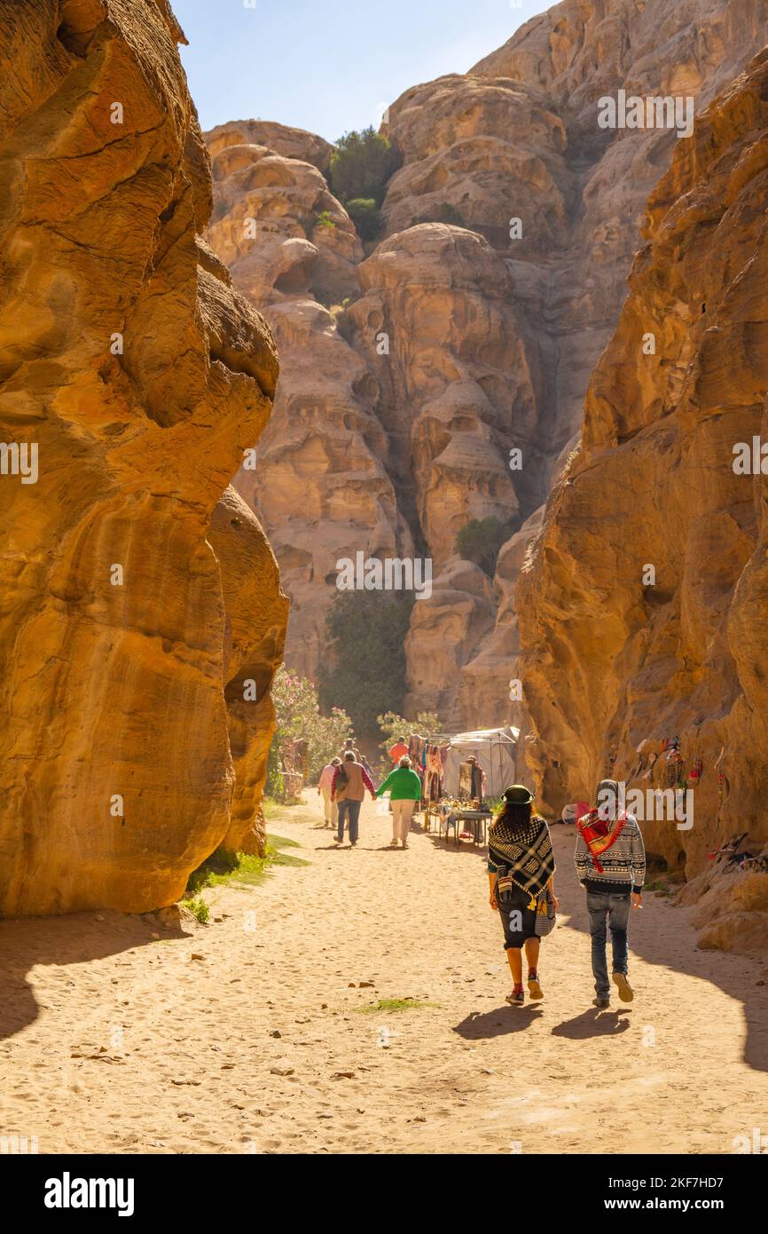 Walking through Little Petra, Siq al-Barid, Jordan Stock Photo
