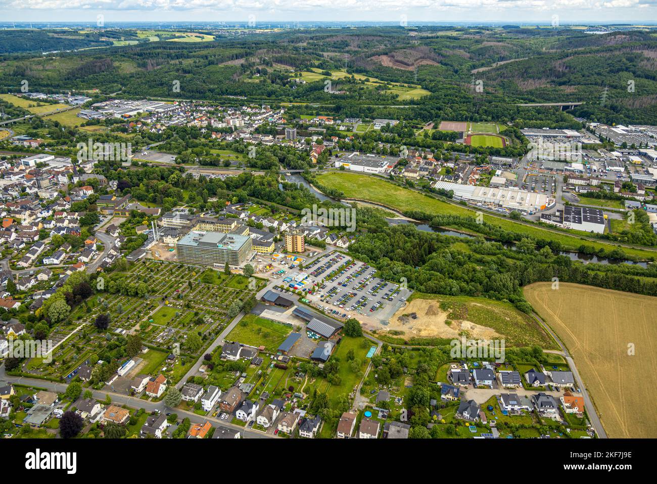 Aerial view, construction site at Klinikum Hochsauerland - Karolinen-Hospital Hüsten, Hüsten, Arnsberg, Sauerland, North Rhine-Westphalia, Germany, Co Stock Photo