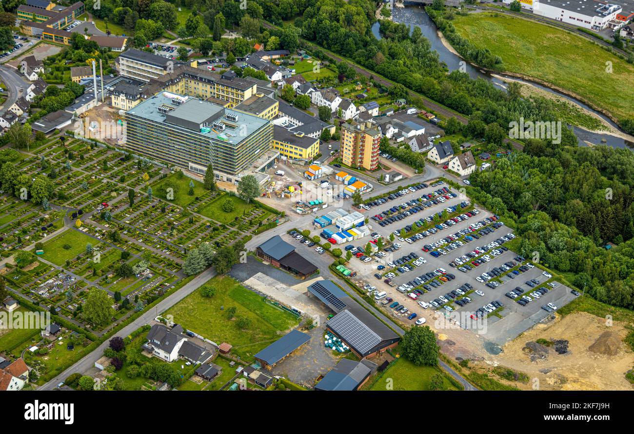 Aerial view, construction site at Klinikum Hochsauerland - Karolinen-Hospital Hüsten, Hüsten, Arnsberg, Sauerland, North Rhine-Westphalia, Germany, Co Stock Photo