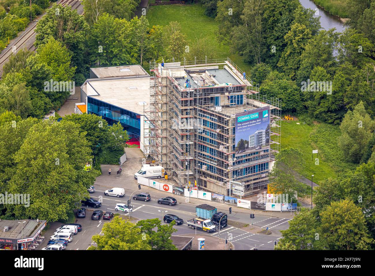 Aerial view, construction site and new extension Eglo Leuchten at Kleinbahnstraße, Neheim, Arnsberg, Sauerland, North Rhine-Westphalia, Germany, Const Stock Photo