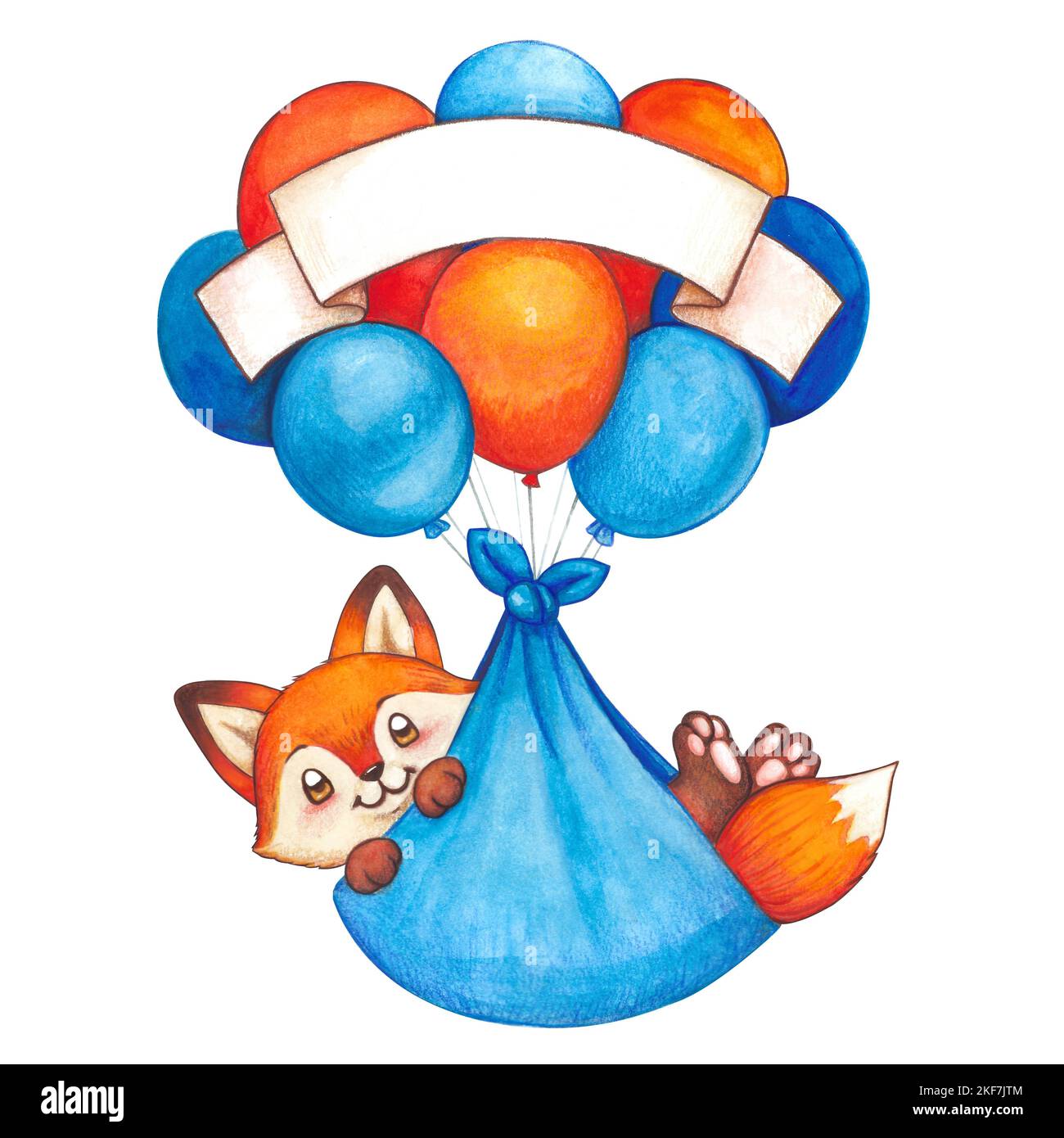 A vector of a cute watercolor baby boy fox flying on air balloons Stock