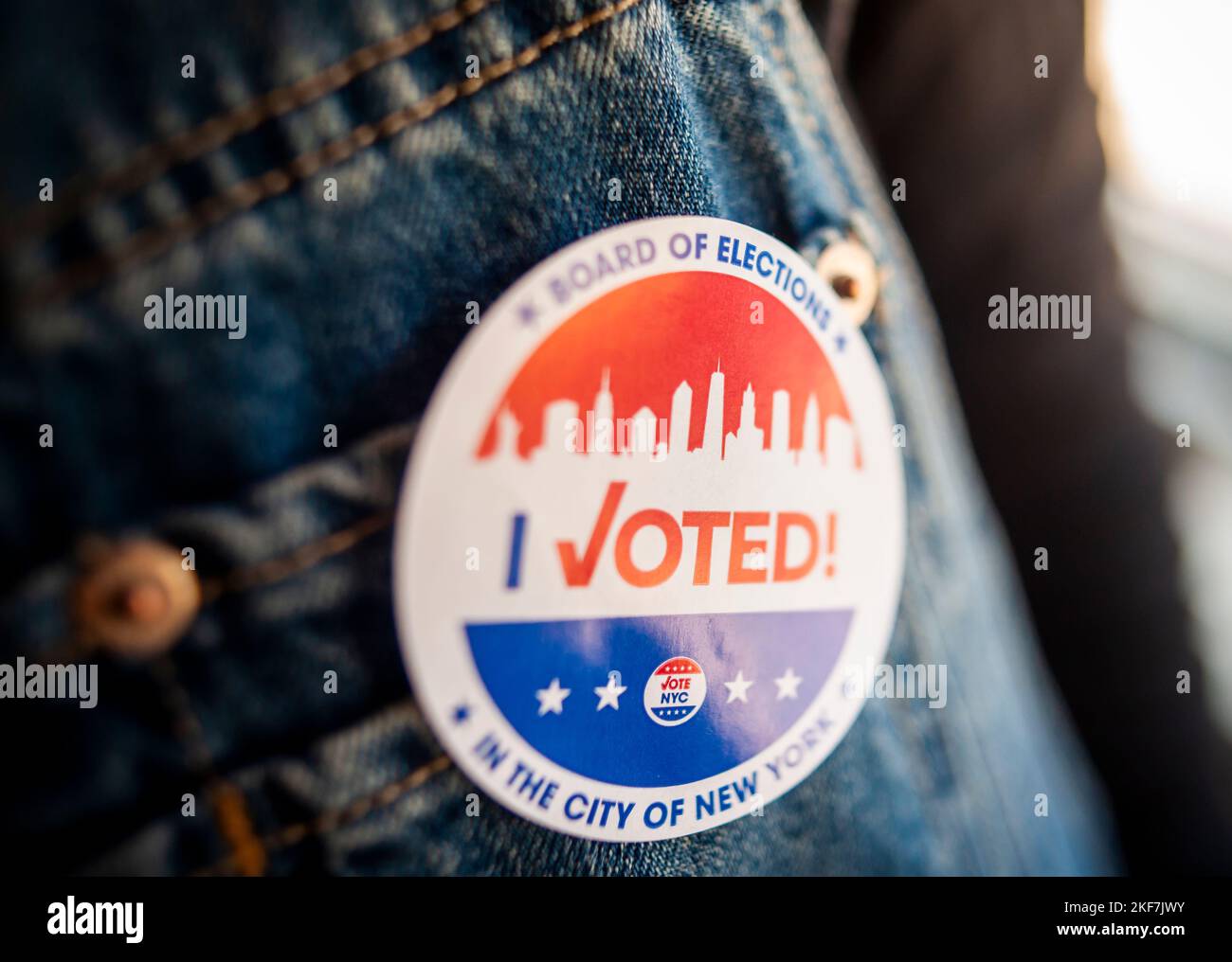 A voter wears her 'I Voted' sticker on Election Day in New York on Tuesday, November 8, 2022. (© Richard B. Levine) Stock Photo