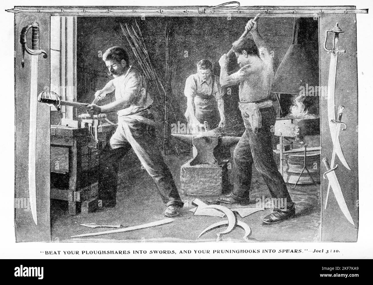Engraving of blacksmiths beating swords into ploughshares, as described in Joel 3:10 Stock Photo