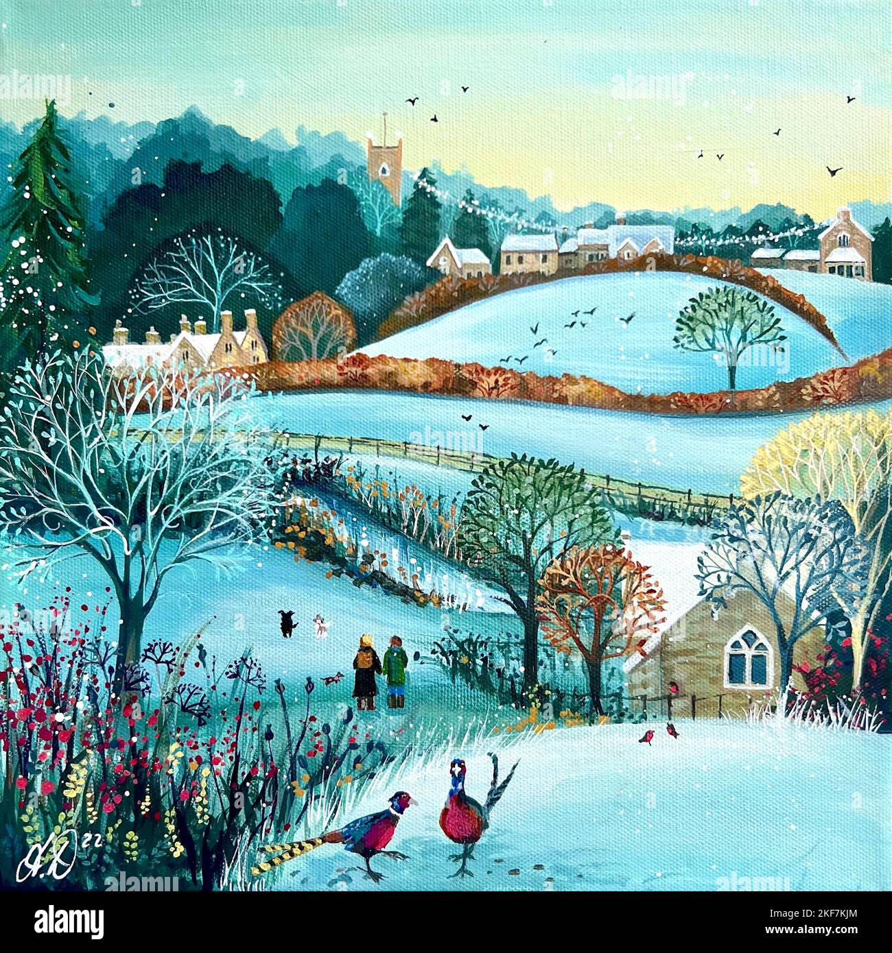Painting of a snowy landscape in the Cotswold countryside Stock Photo