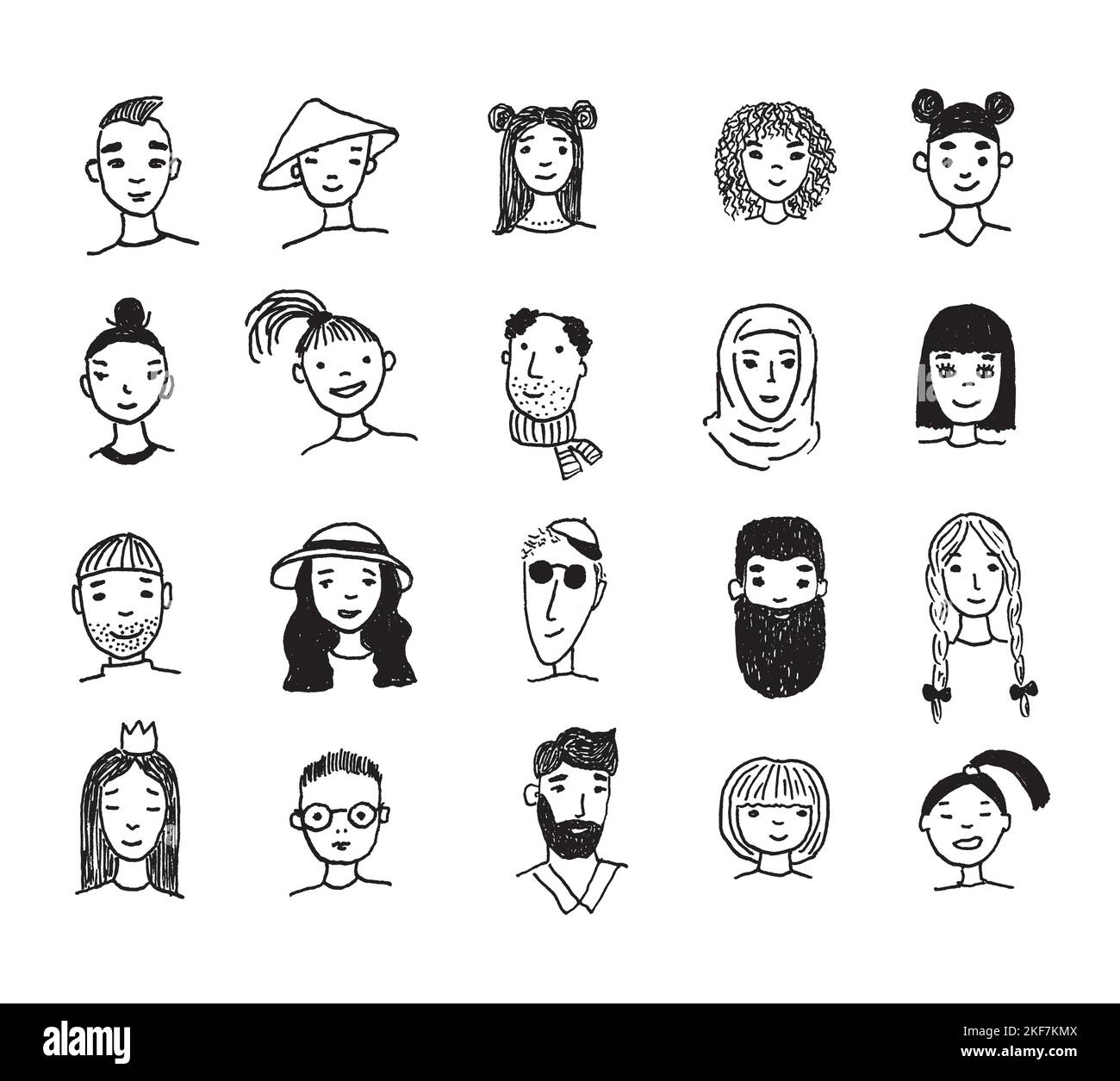 Set of people faces hand drawn in doodle style. Black lines and ...