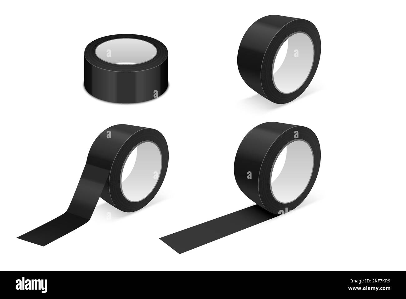 Vector 3d Realistic Glossy Black Tape Roll Icon Set, Mockup Closeup