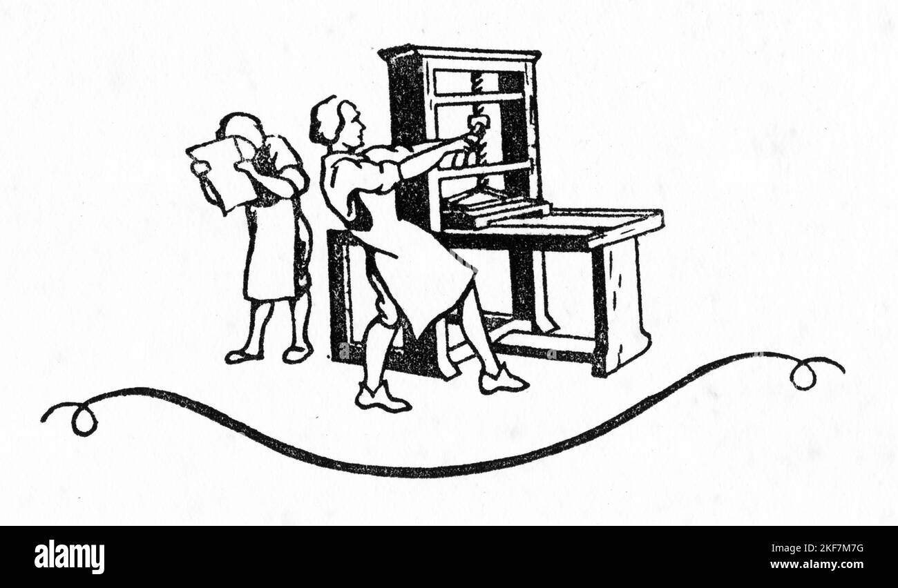 Iconic engraving of printer working an old platen press Stock Photo Alamy