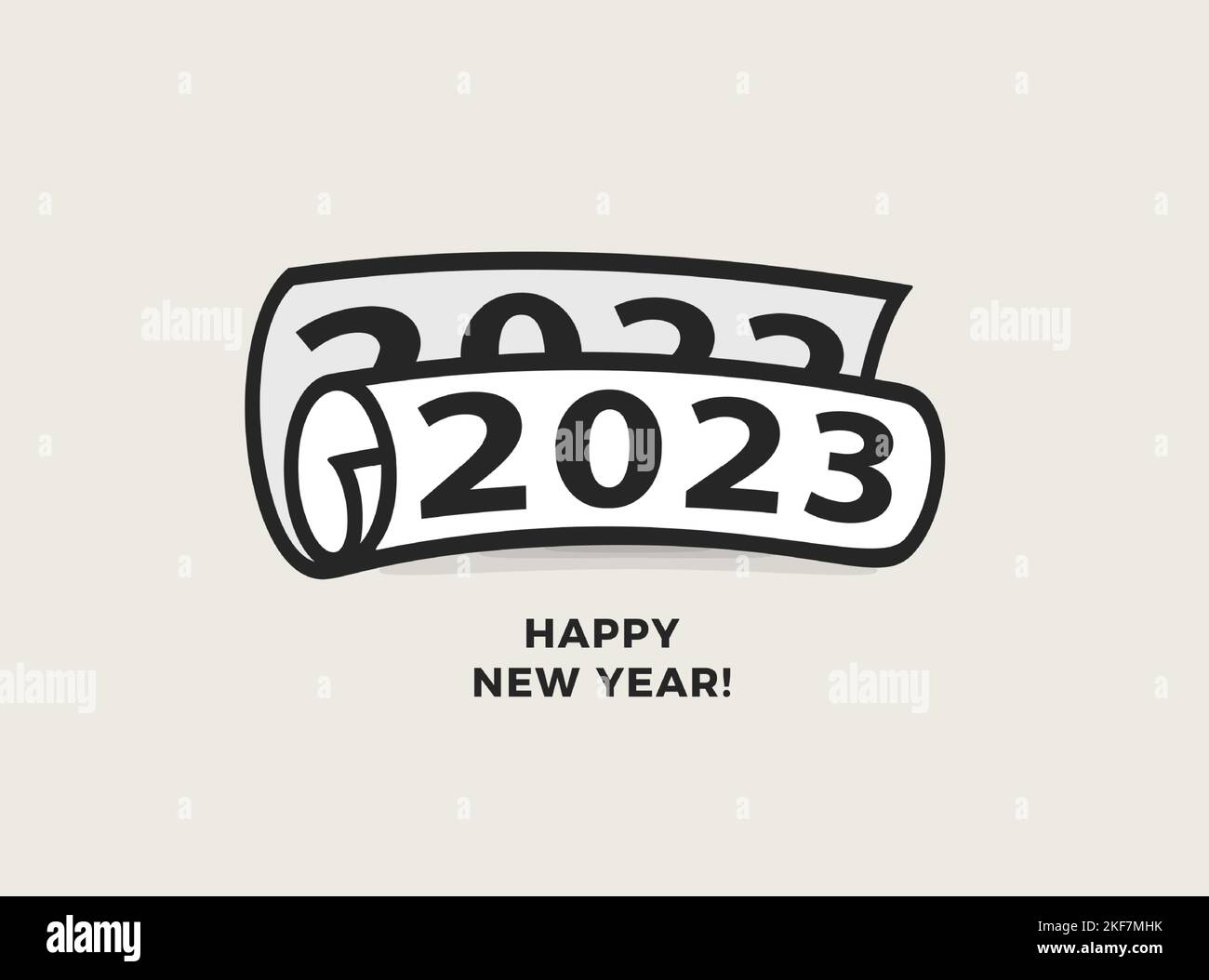 2023 numbers rolled newspaper. Happy New Year event poster, greeting card cover, 2023 calendar design, invitation to celebrate New Year and Christmas Stock Vector