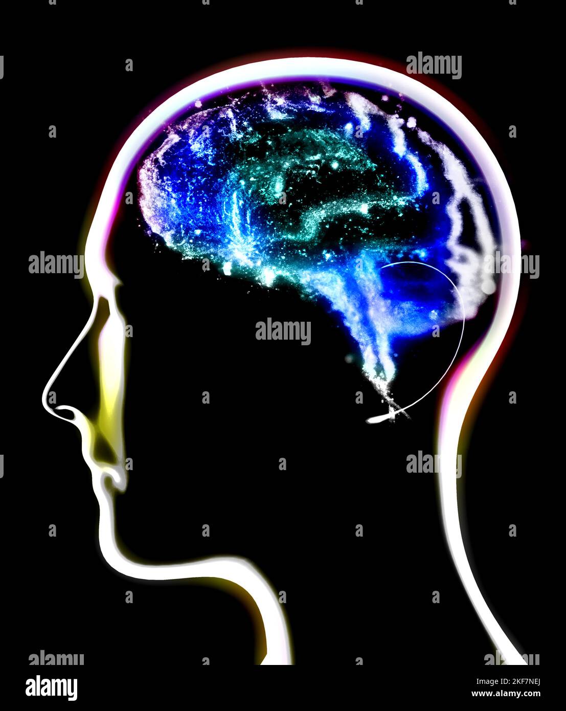 Section of a brain seen in profile. Degenerative diseases, Parkinson, synapses, neurons, Alzheimers.  Silhouette of a man face on a black background Stock Photo