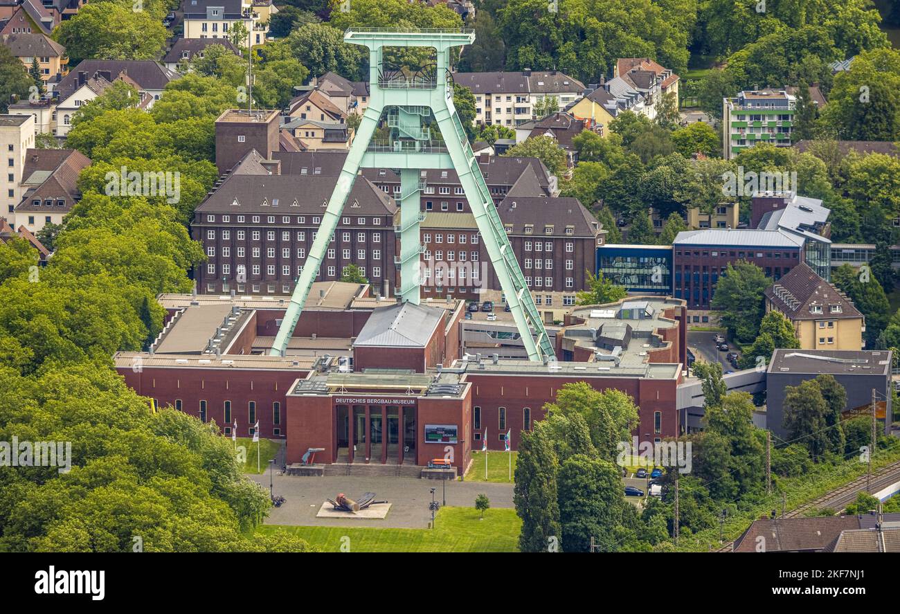 Aerial view, German Mining Museum with winding tower, Grumme, Bochum, Ruhr area, North Rhine-Westphalia, Germany, DE, Europe, Conveyor frame, Leibniz Stock Photo