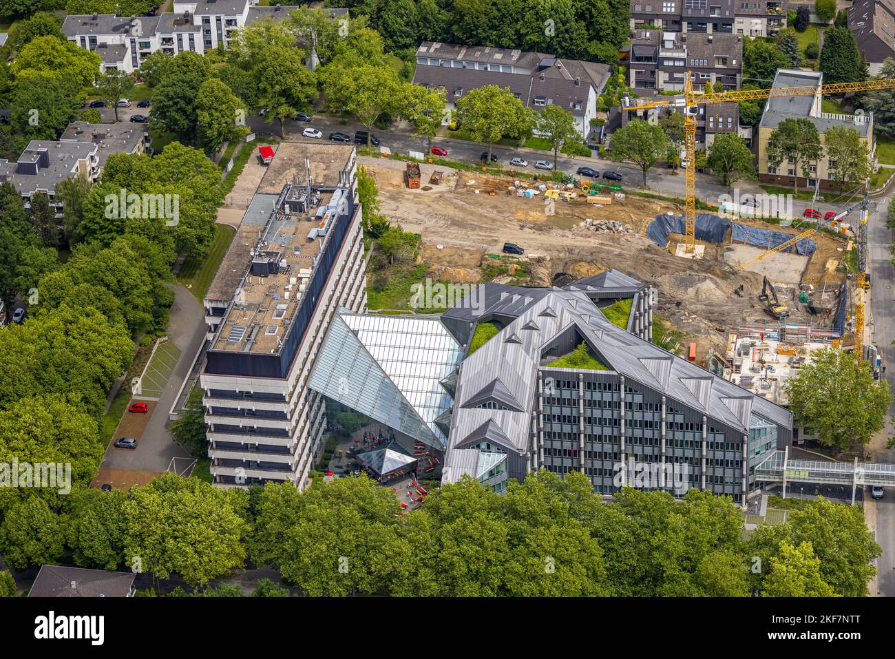 Aerial view, construction site Paulstraße for office complex, Wiemelhausen, Bochum, Ruhr area, North Rhine-Westphalia, Germany, Construction work, Bui Stock Photo