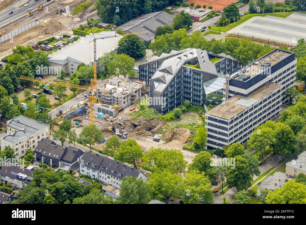 Aerial view, construction site Paulstraße for office complex, Wiemelhausen, Bochum, Ruhr area, North Rhine-Westphalia, Germany, Construction work, Bui Stock Photo