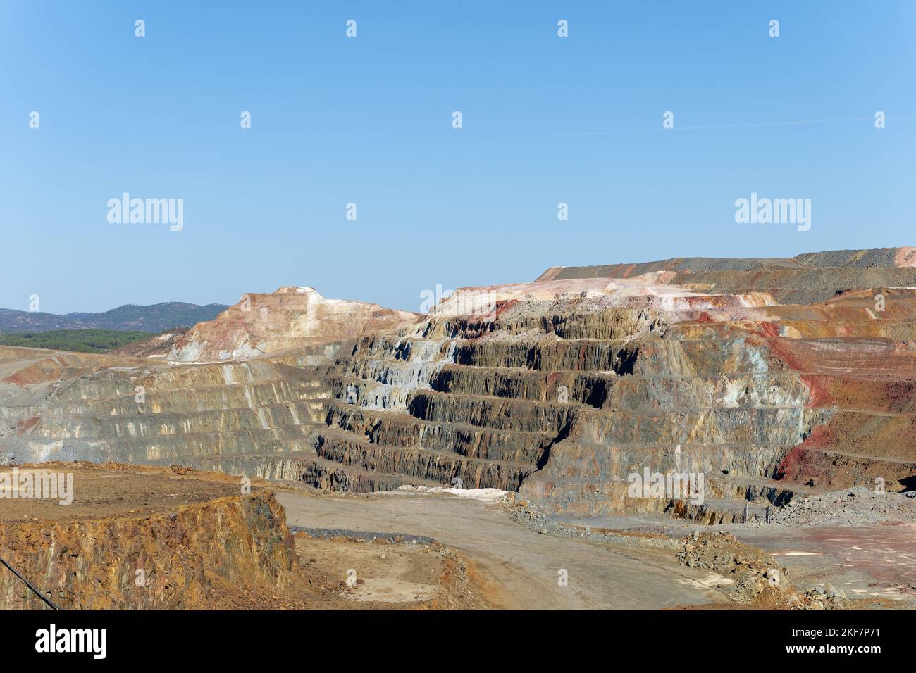 Aerial drone view of Mining activity in Minas de Riotinto in Spain. Apocalypse scenery. Mining village. Earth destruction. Ecological disaster. Stock Photo