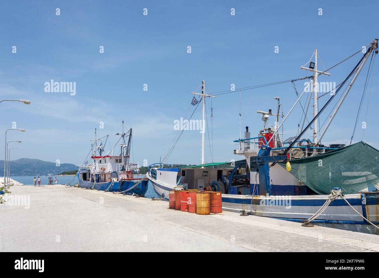 Fishing boats in harbour, Corfu Old Town, Corfu (Kerkyra), Ionian Islands, Greece Stock Photo