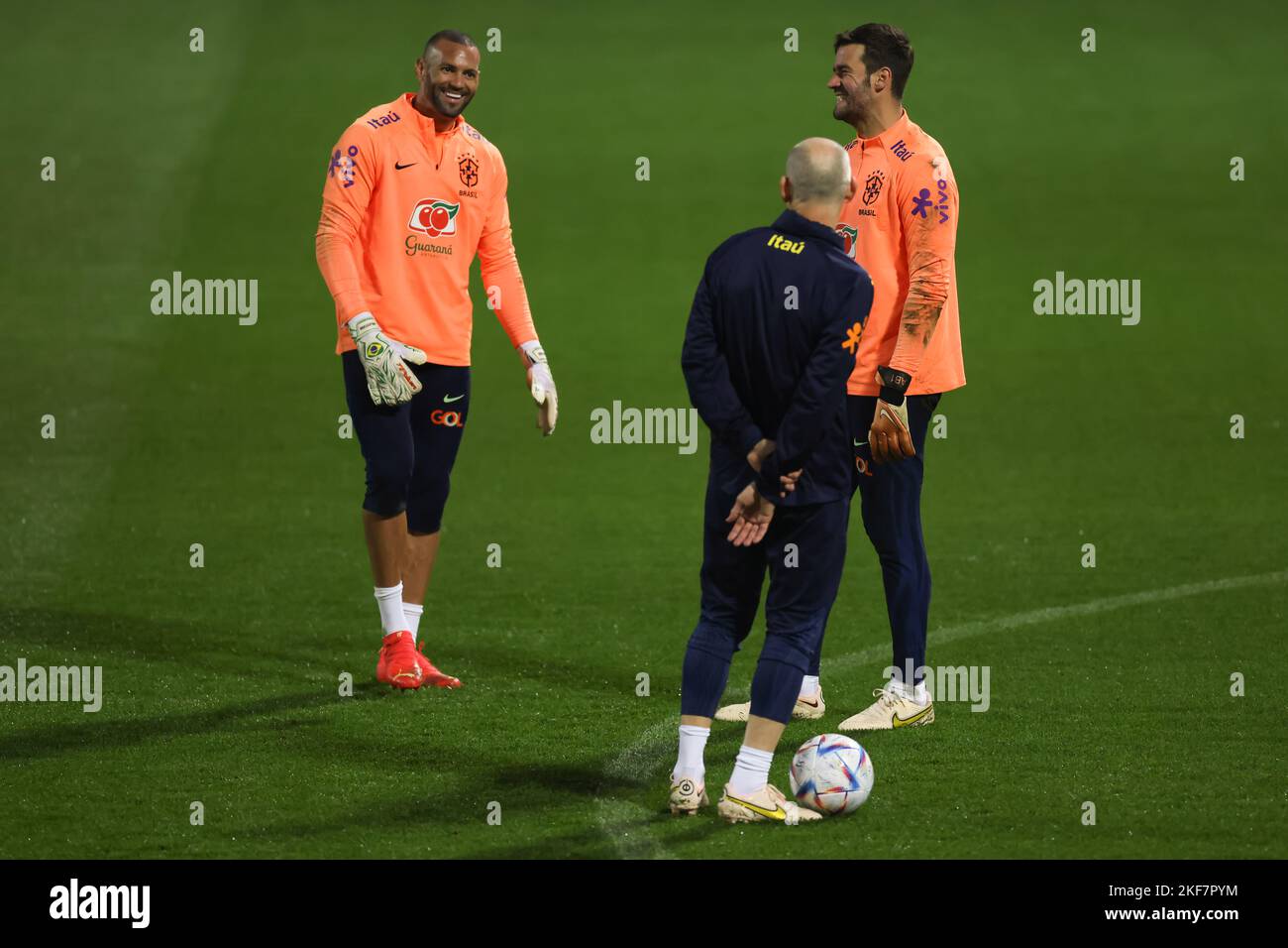 Turin, Italy, 16th November 2022. Claudio Taffarel Brazil goalkeeping coach jokes with goalkeepers Weverton and Alisson during the Brazil training session at Juventus Training Centre, Turin. Picture date: 16th November 2022. Picture credit should read: Jonathan Moscrop/Sportimage Stock Photo