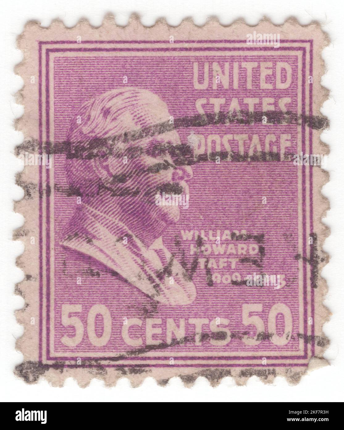 USA - 1938: An 50 cents light red-violet postage stamp depicting portrait of William Howard Taft. 27th president of the United States (1909–1913) and the tenth chief justice of the United States (1921–1930), the only person to have held both offices. Taft was elected president in 1908, the chosen successor of Theodore Roosevelt, but was defeated for reelection in 1912 by Woodrow Wilson after Roosevelt split the Republican vote by running as a third-party candidate. In 1921, President Warren G. Harding appointed Taft to be chief justice, a position he held until a month before his death Stock Photo