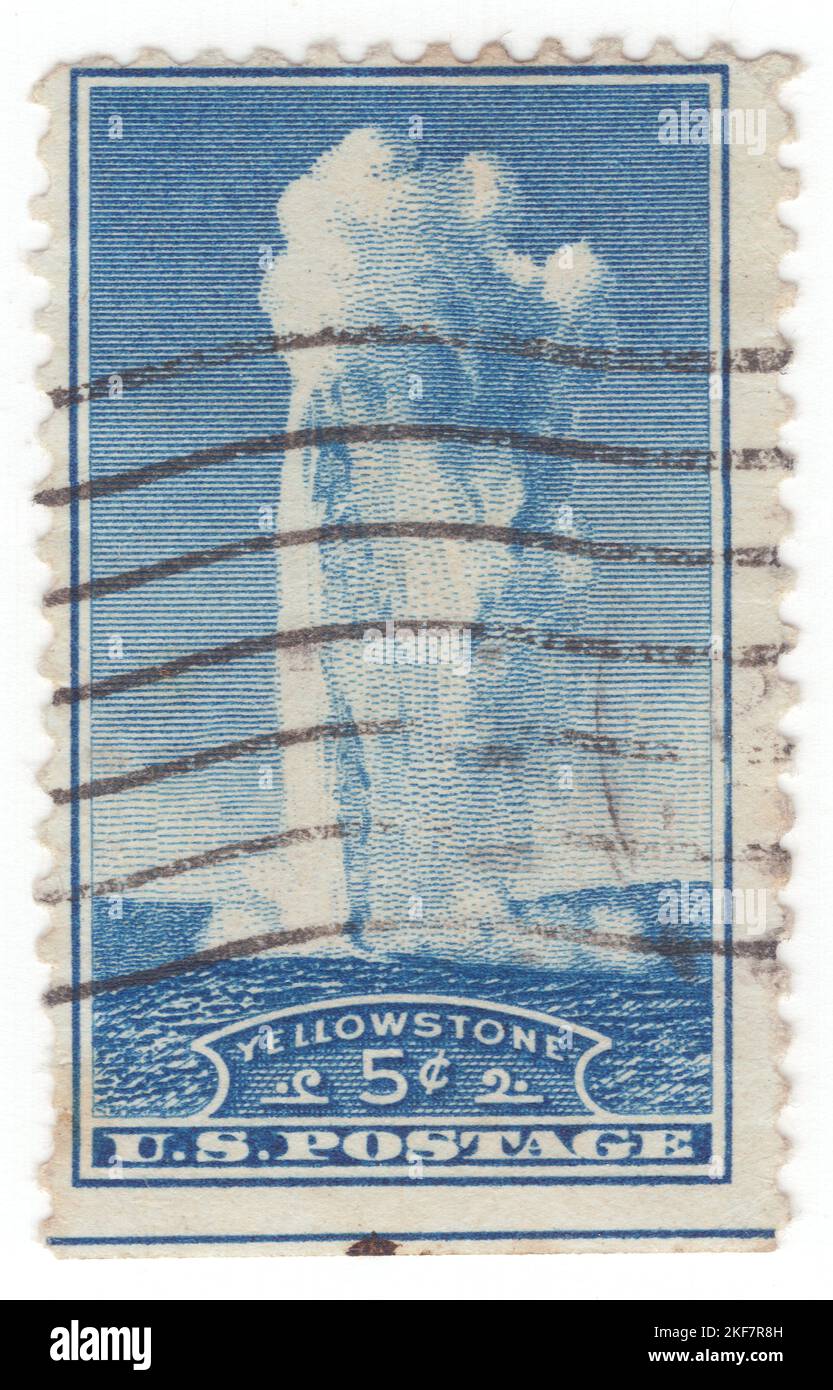 USA - 1936: An 5 cents blue postage stamp depicting Old Faithful is a cone geyser in Yellowstone National Park in Wyoming, United States. It was named in 1870 during the Washburn–Langford–Doane Expedition and was the first geyser in the park to be named. It is a highly predictable geothermal feature and has erupted every 44 minutes to two hours. The geyser and the nearby Old Faithful Inn are part of the Old Faithful Historic District Stock Photo