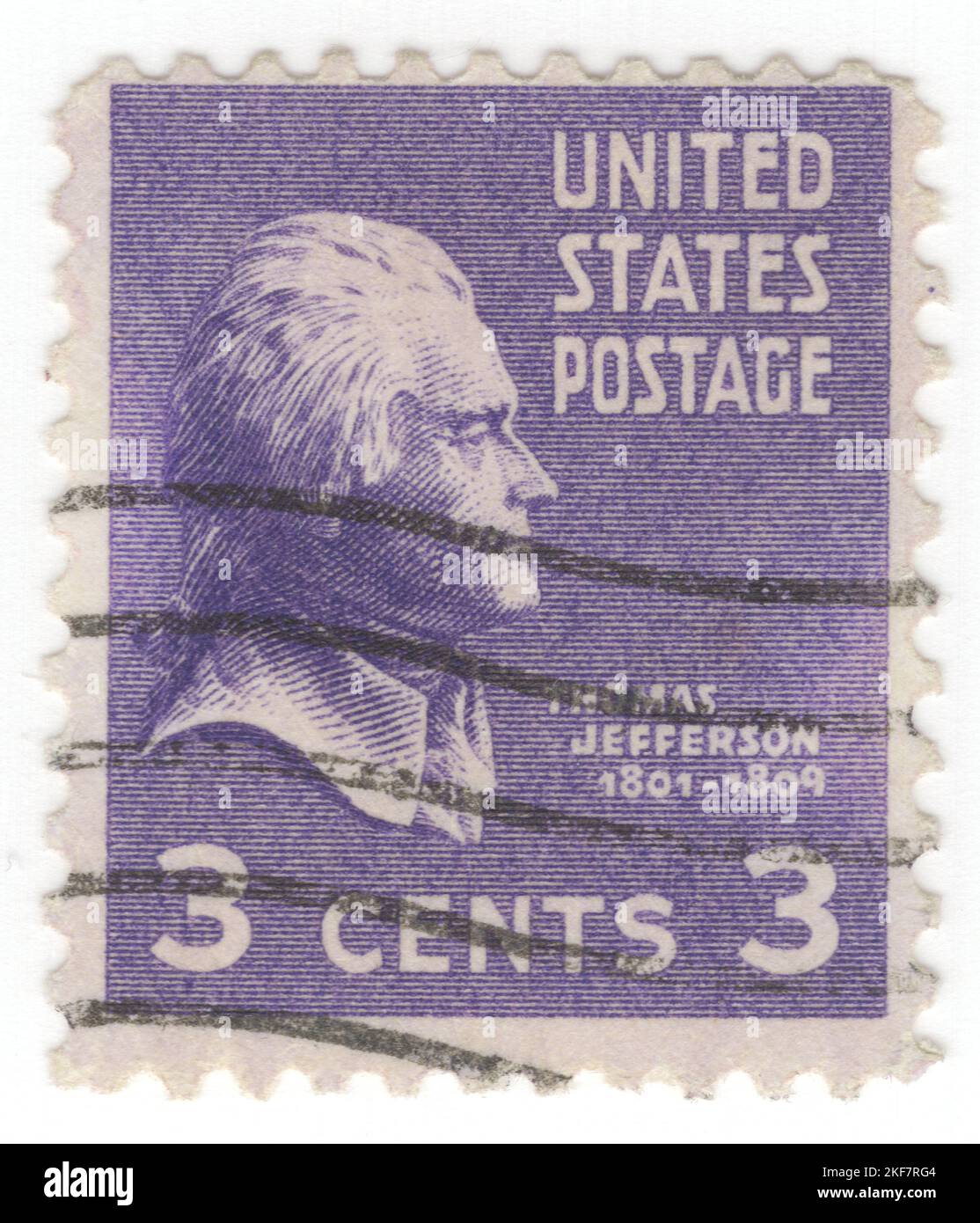 USA - 1938: An 3 cents deep violet postage stamp depicting portrait of Thomas Jefferson, American statesman, diplomat, lawyer, architect, philosopher, and Founding Father who served as the third president of the United States from 1801 to 1809. He was previously the second vice president under John Adams and the first United States secretary of state under George Washington. The principal author of the Declaration of Independence, Jefferson was a proponent of democracy, republicanism, and individual rights, motivating American colonists to break from the Kingdom of Great Britain Stock Photo